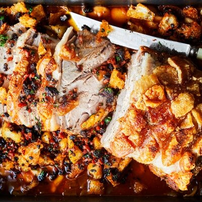 Pork roasted with Butter Beans & Migas Recipe