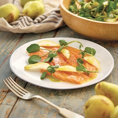 Wine Club by Majestic Recipe | Clementine & dill-cured salmon with pear & watercress salad
