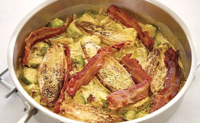 Wine Club by Majestic Recipe | Chicory & Brussels sprout gratin topped with crispy bacon