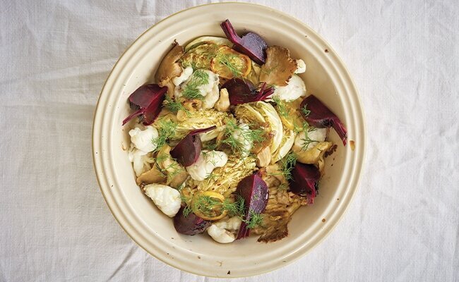 Wine Club by Majestic Recipe | Tray-baked monkfish with Savoy cabbage, oyster mushrooms & mulled beetroots