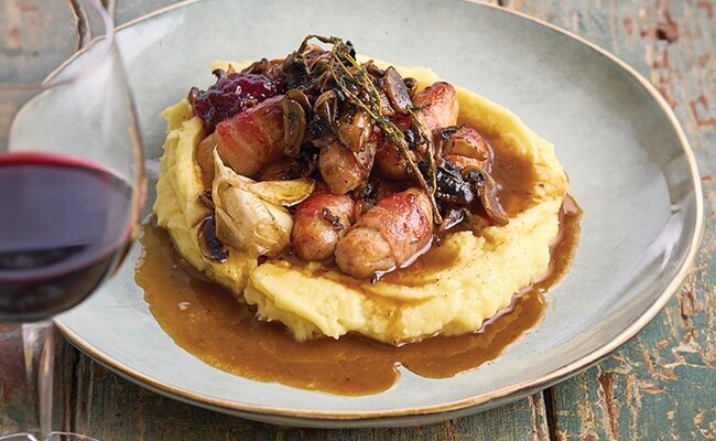 Wine Club by Majestic Recipe | Pigs in blankets with creamed potatoes & mushroom gravy